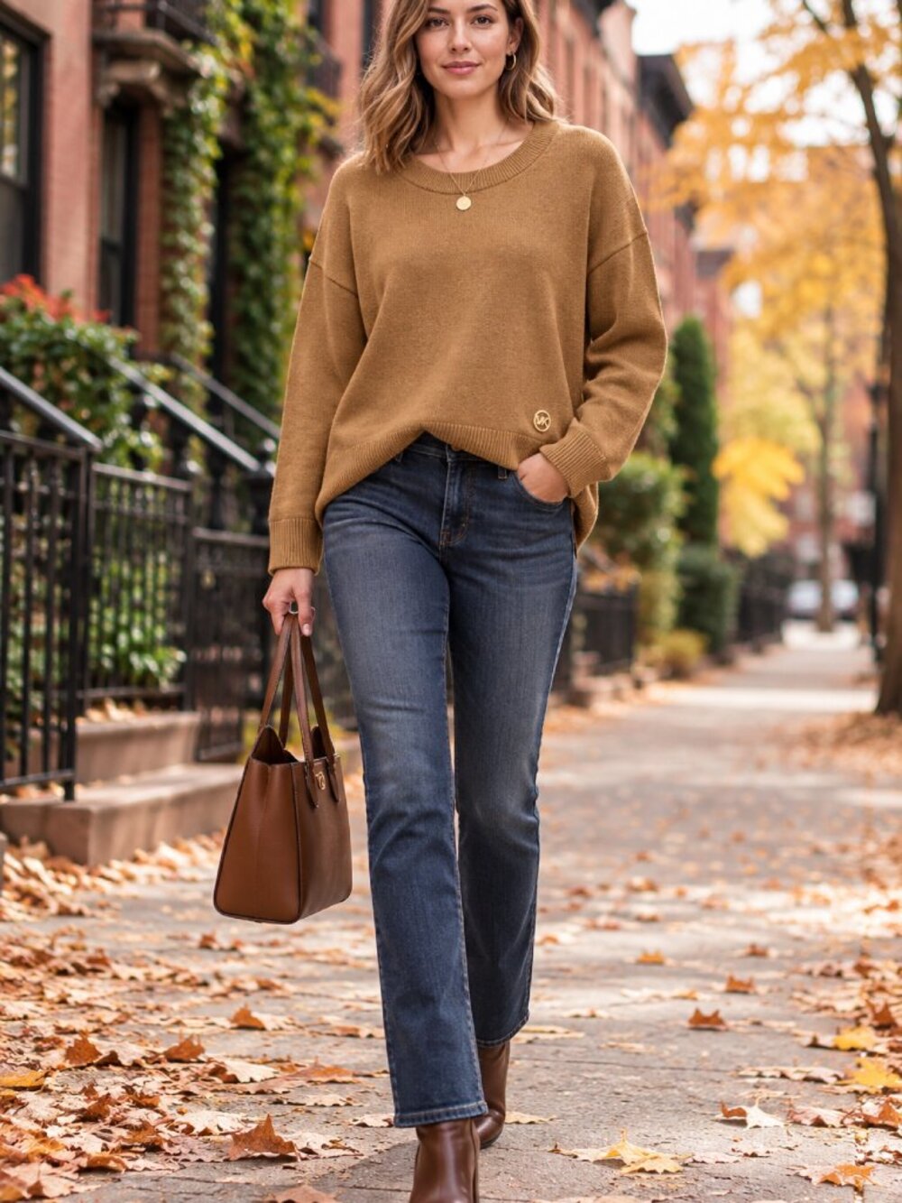 Michael Kors Women's Camel Brown Oversized Crewneck Knit Sweater M NWT